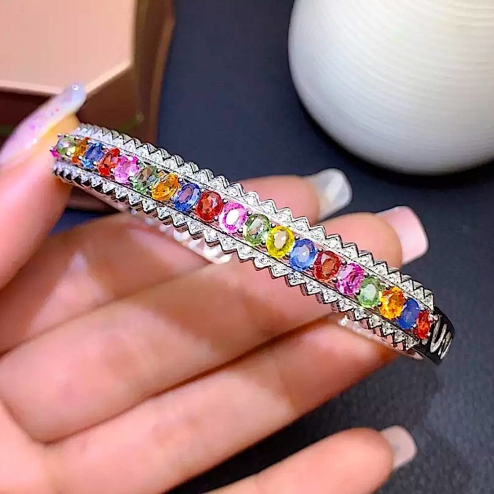 Mammallama Vintage Natural Multicolor Sapphire Sterling Silver Bangle Bracelet